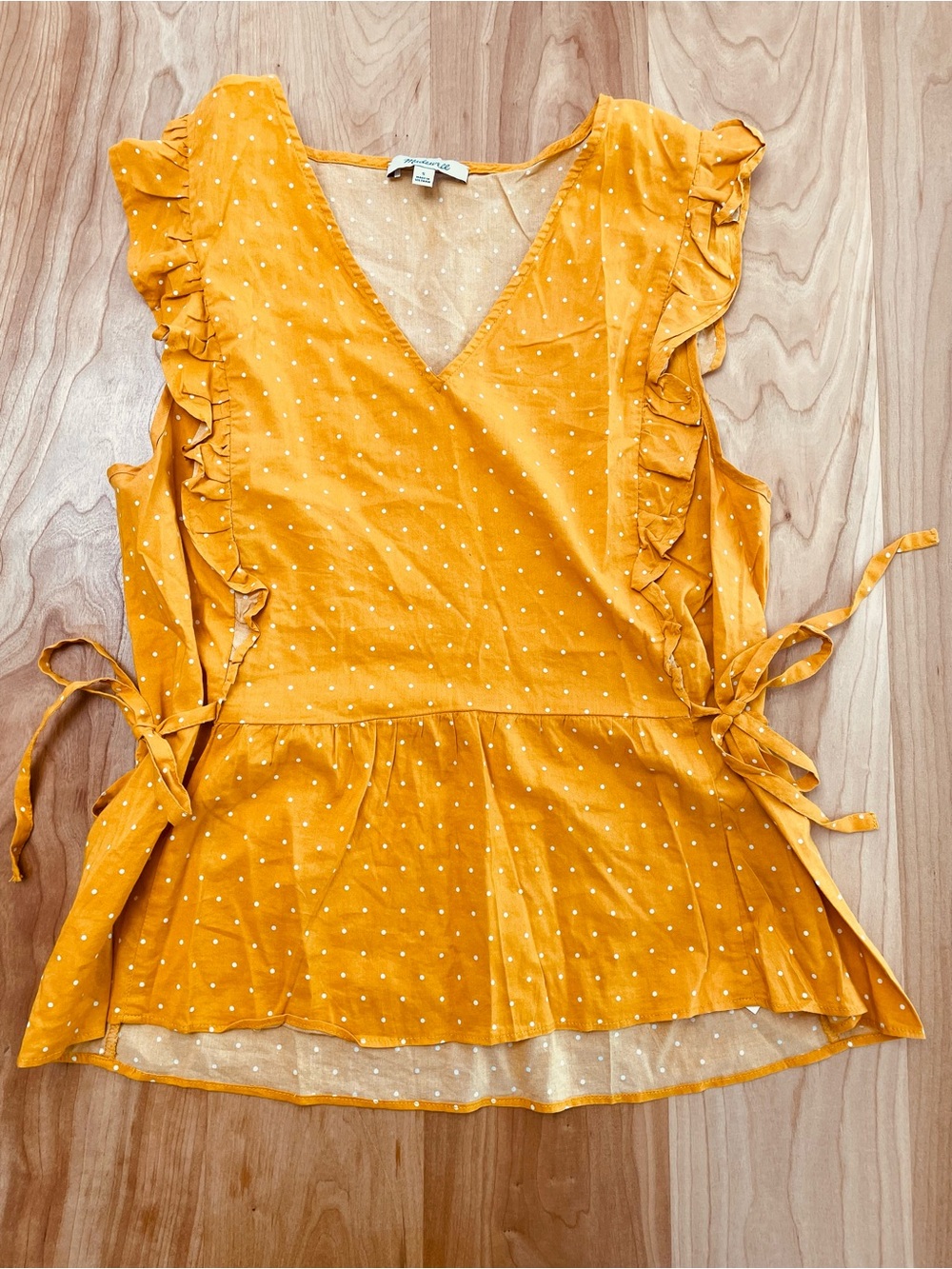 Madewell Small Side-Tie Ruffle Peplum Tank Top Mustard Yellow Polka Dot